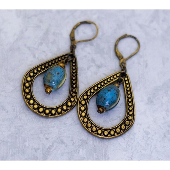 Vintage Teardrop Earrings, Blue Bead Earrings, Dangle Earrings - CF1 - Picture 1 of 2